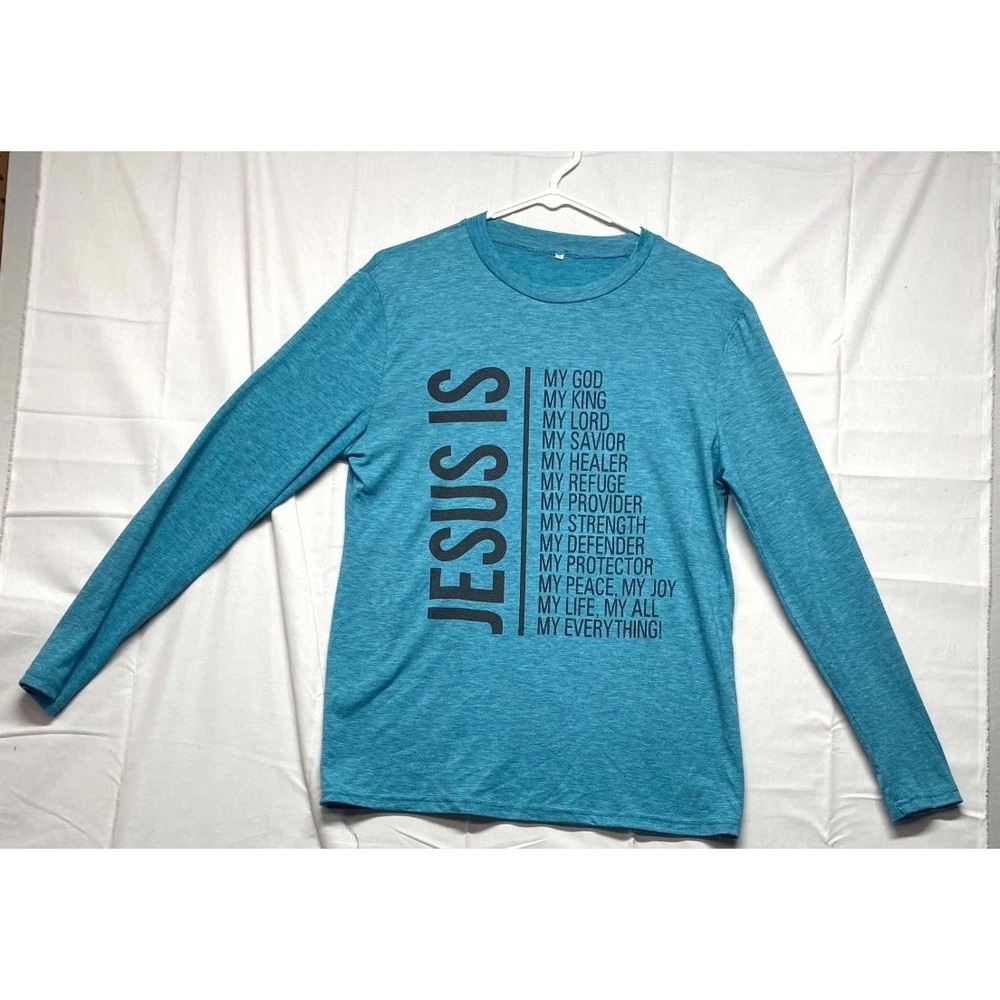 Shirt Mens Small Teal Blue Spellout Logo Jesus Is My Everything Long Sleeve